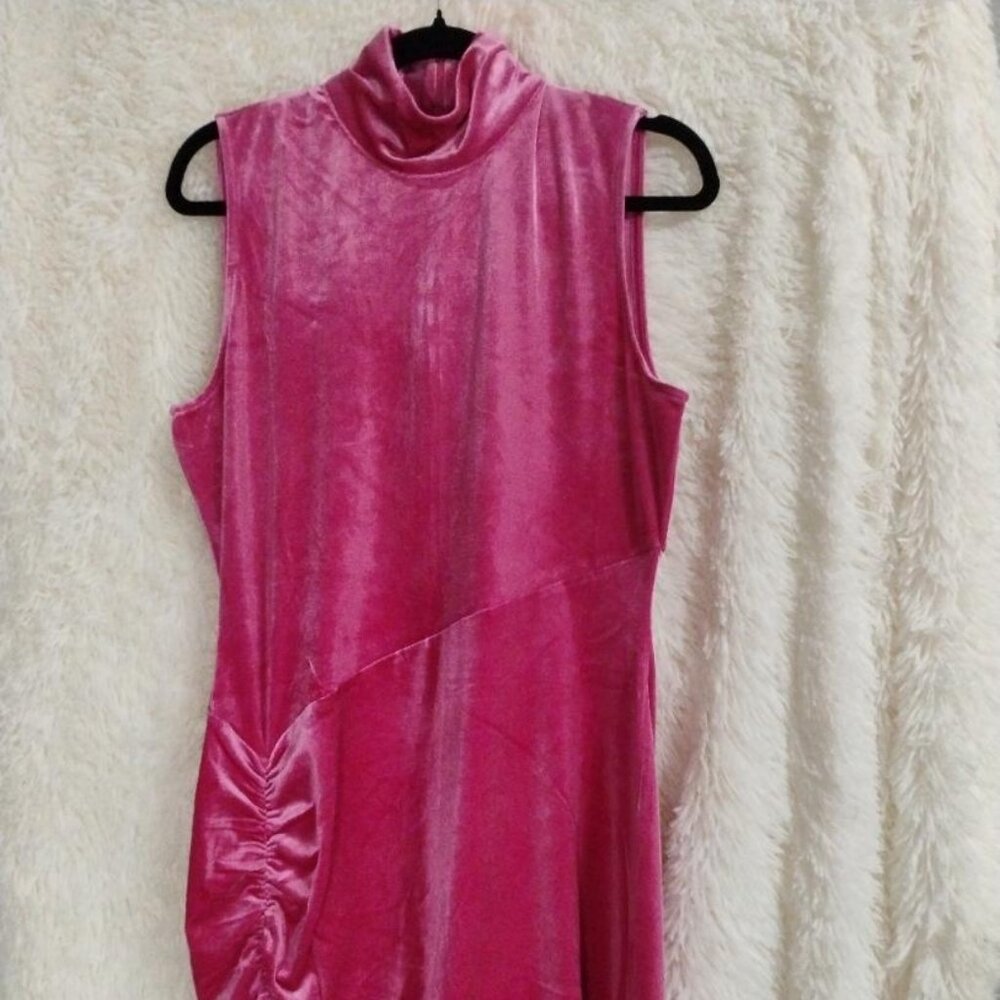 The Drop Fabia Luminous Pink Velvet Sleeveless Mock Neck Ruched Dress L NWT